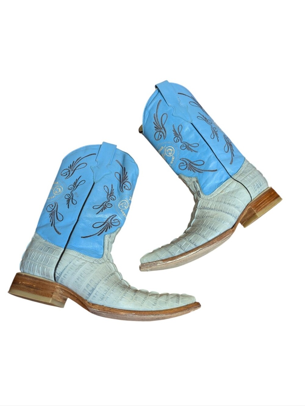 Botas Picudas Pointy Boots Light Blue Exotic Leather Embroidered Rare Western Sz